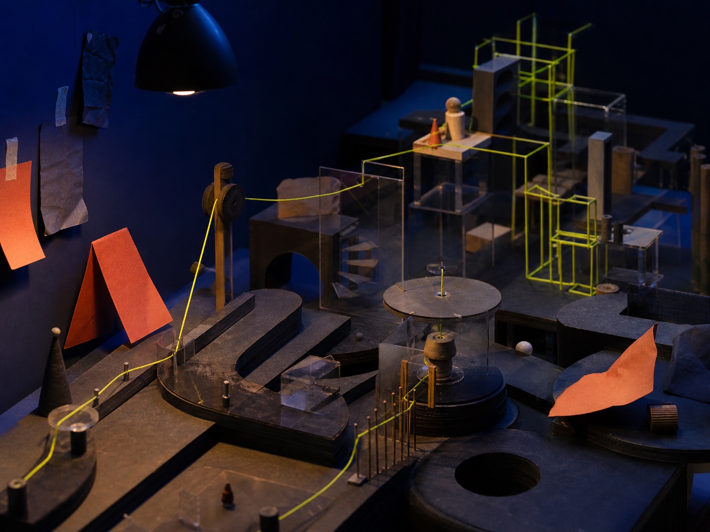 Maqueta nocturna en tonos cobalto donde un hilo luminoso pasa de curva libre a estructura técnica comprobable